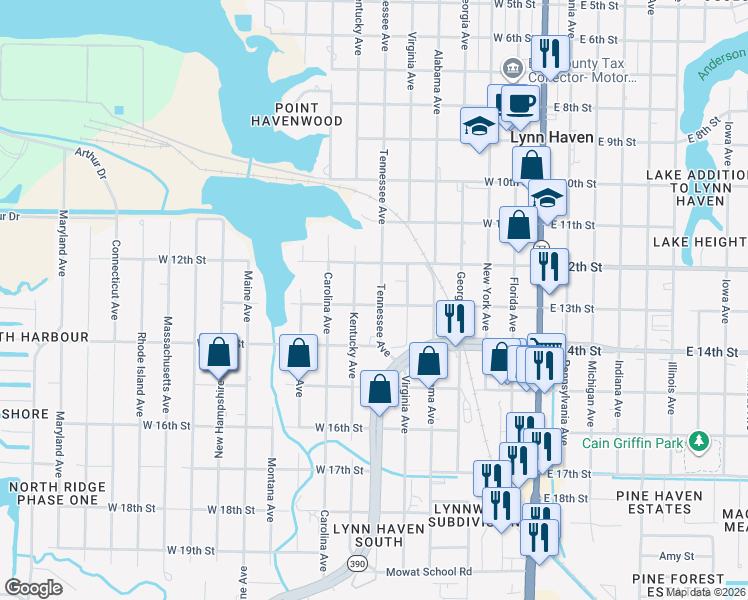 map of restaurants, bars, coffee shops, grocery stores, and more near 1220 Tennessee Avenue in Lynn Haven