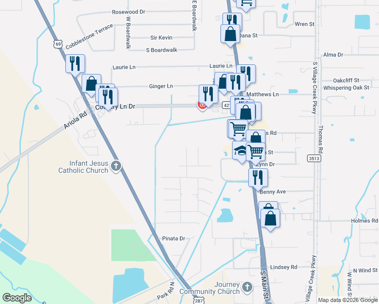 map of restaurants, bars, coffee shops, grocery stores, and more near 151 Country Lane Drive in Lumberton