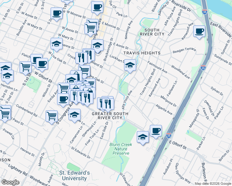 map of restaurants, bars, coffee shops, grocery stores, and more near 522 East Live Oak Street in Austin