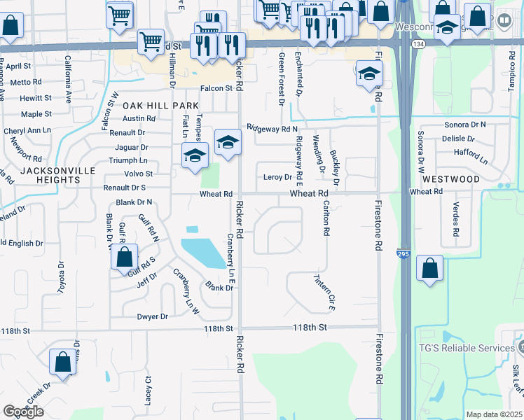 map of restaurants, bars, coffee shops, grocery stores, and more near 7479 Deepwood Drive North in Jacksonville