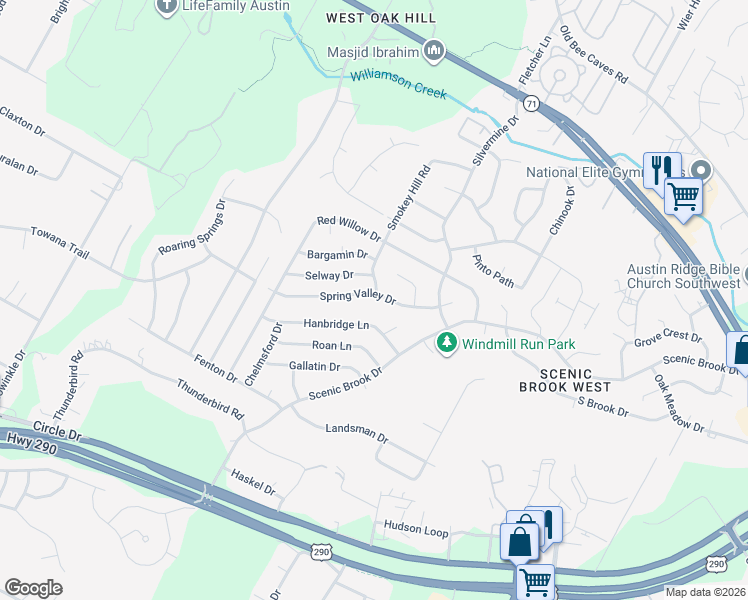 map of restaurants, bars, coffee shops, grocery stores, and more near 8307 Spring Valley Drive in Austin
