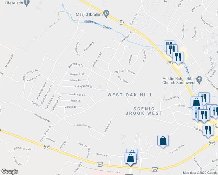 map of restaurants, bars, coffee shops, grocery stores, and more near 7207 Silvermine Drive in Austin