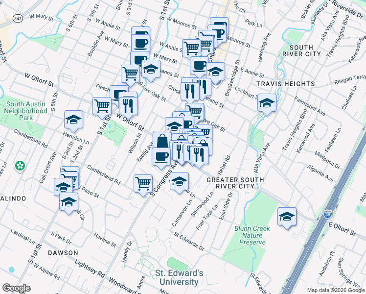 map of restaurants, bars, coffee shops, grocery stores, and more near 2326 South Congress Avenue in Austin