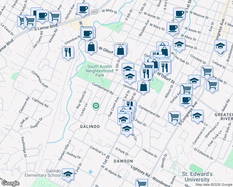 map of restaurants, bars, coffee shops, grocery stores, and more near 2609 South 5th Street in Austin