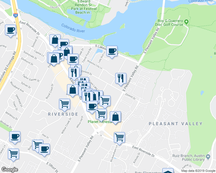 map of restaurants, bars, coffee shops, grocery stores, and more near in Austin