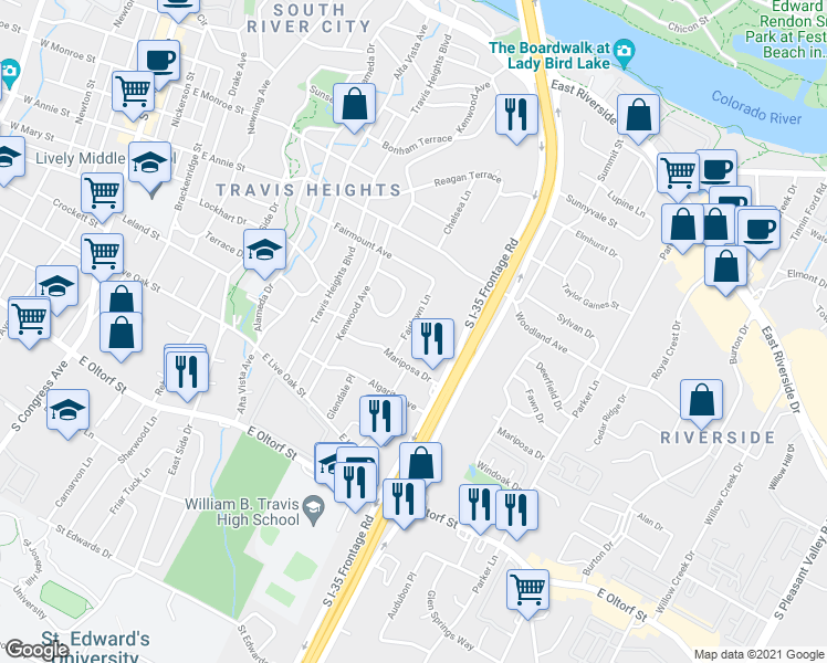 map of restaurants, bars, coffee shops, grocery stores, and more near 1903 Fairlawn Lane in Austin