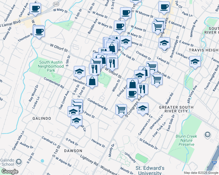 map of restaurants, bars, coffee shops, grocery stores, and more near 2414 Wilson Street in Austin