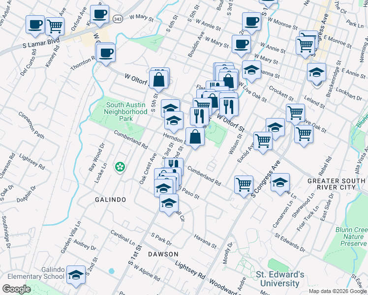 map of restaurants, bars, coffee shops, grocery stores, and more near 703 Herndon Lane in Austin