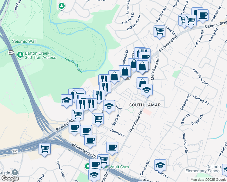 map of restaurants, bars, coffee shops, grocery stores, and more near 3500 South Lamar Boulevard in Austin