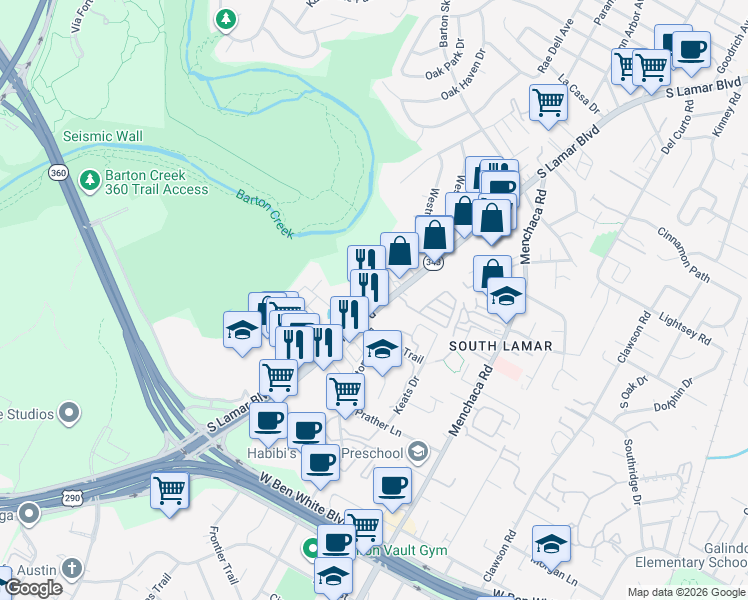 map of restaurants, bars, coffee shops, grocery stores, and more near 3500 South Lamar Boulevard in Austin