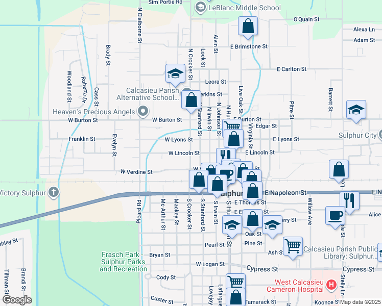 map of restaurants, bars, coffee shops, grocery stores, and more near 298 North Crocker Street in Sulphur