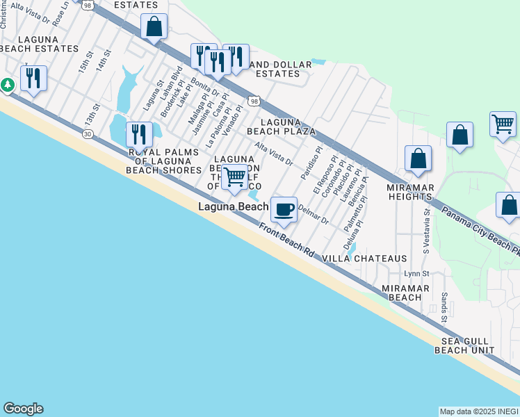 map of restaurants, bars, coffee shops, grocery stores, and more near 117 E Lakeshore Dr in Panama City