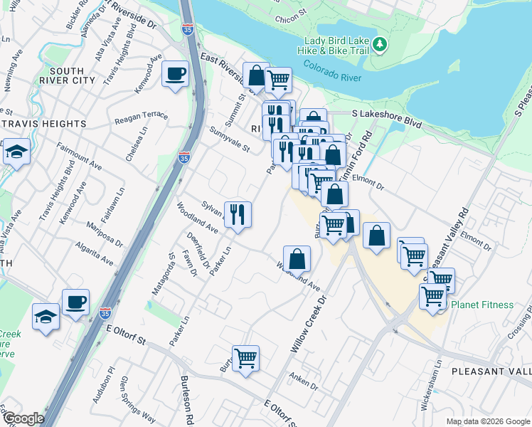 map of restaurants, bars, coffee shops, grocery stores, and more near 1600 Royal Crest Drive in Austin
