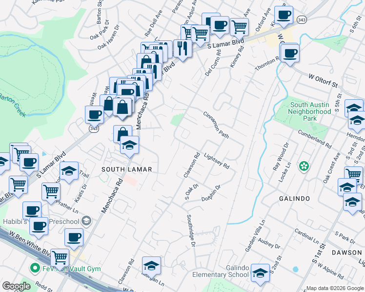 map of restaurants, bars, coffee shops, grocery stores, and more near 3105 Aldwyche Drive in Austin