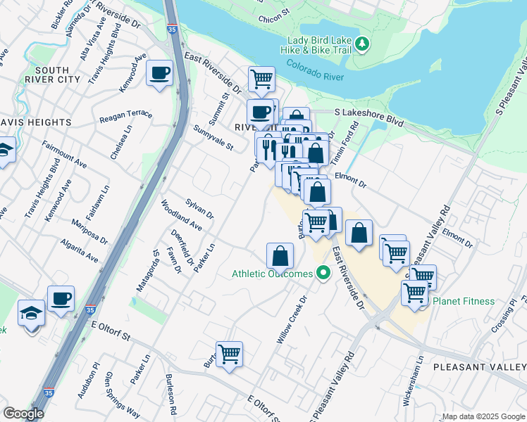 map of restaurants, bars, coffee shops, grocery stores, and more near 1515 Royal Crest Drive in Austin