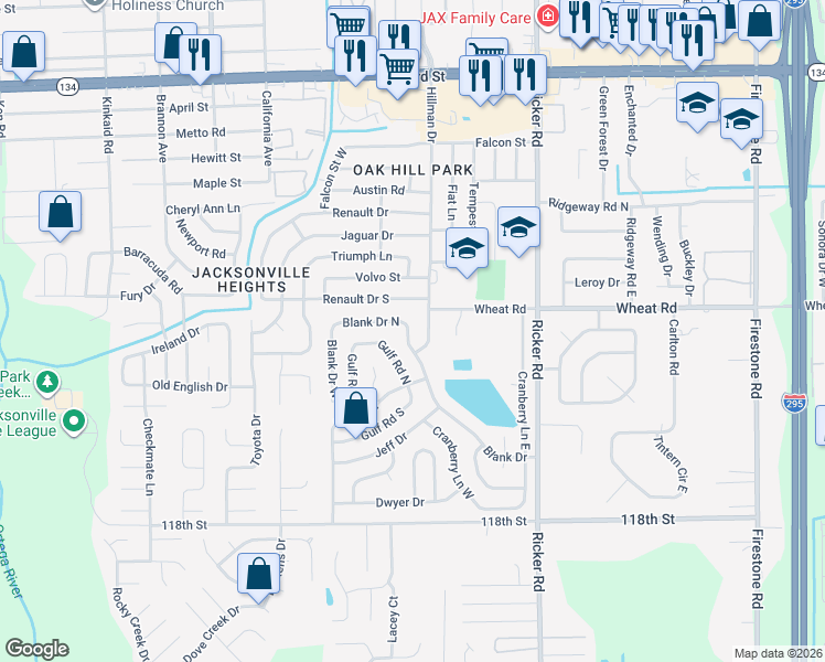 map of restaurants, bars, coffee shops, grocery stores, and more near 7839 Blank Drive North in Jacksonville