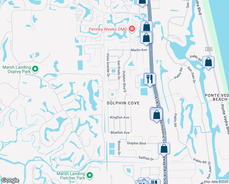 map of restaurants, bars, coffee shops, grocery stores, and more near 3 Ponte Vedra Court in Ponte Vedra Beach