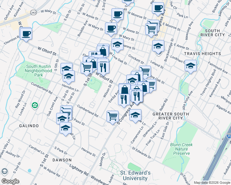 map of restaurants, bars, coffee shops, grocery stores, and more near 2403 Forest Avenue in Austin