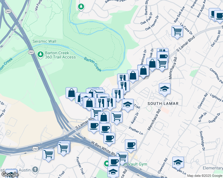 map of restaurants, bars, coffee shops, grocery stores, and more near 3816 South Lamar Boulevard in Austin