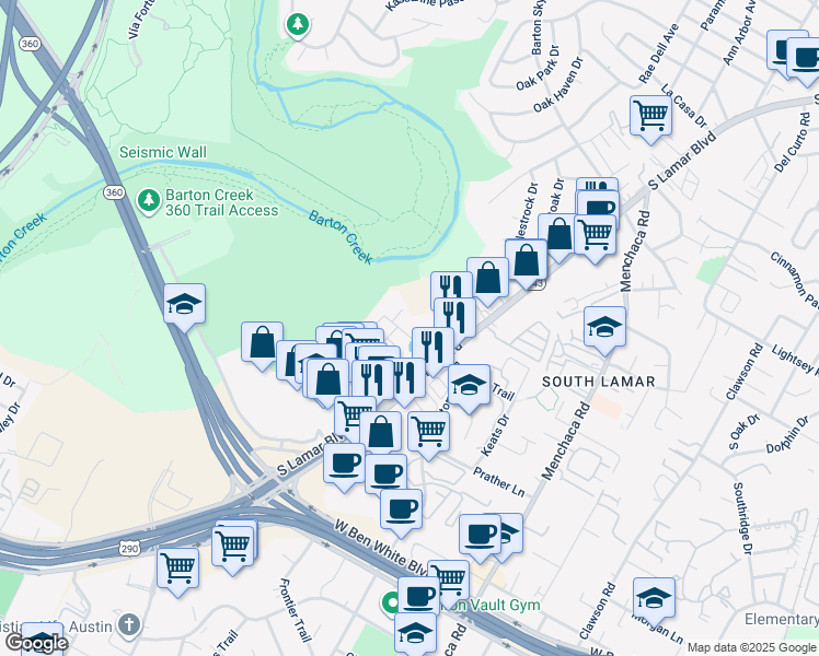 map of restaurants, bars, coffee shops, grocery stores, and more near 3816 South Lamar Boulevard in Austin