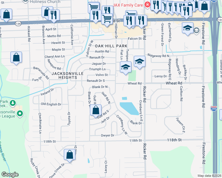 map of restaurants, bars, coffee shops, grocery stores, and more near 7839 Blank Drive North in Jacksonville