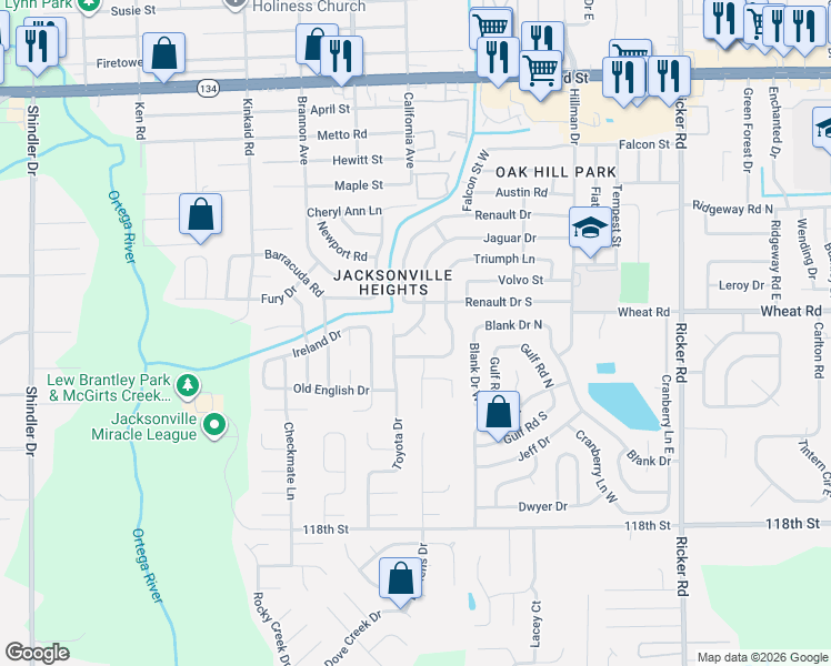 map of restaurants, bars, coffee shops, grocery stores, and more near 6023 Jaguar Drive West in Jacksonville