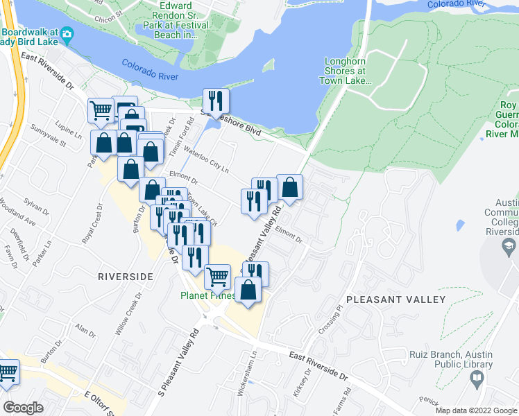 map of restaurants, bars, coffee shops, grocery stores, and more near 2520 Elmont Drive in Austin