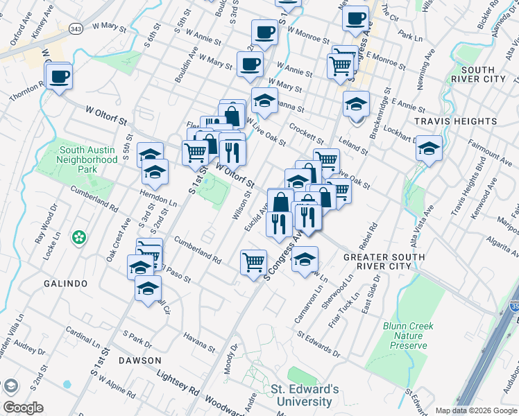 map of restaurants, bars, coffee shops, grocery stores, and more near 2403 Forest Avenue in Austin