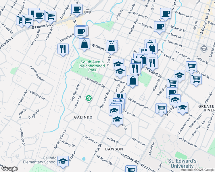 map of restaurants, bars, coffee shops, grocery stores, and more near 2609 South 5th Street in Austin