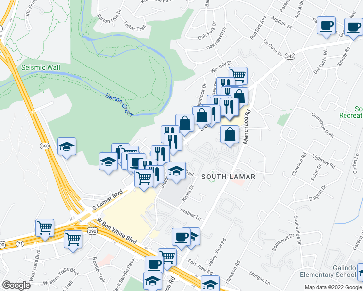 map of restaurants, bars, coffee shops, grocery stores, and more near 3500 South Lamar Boulevard in Austin