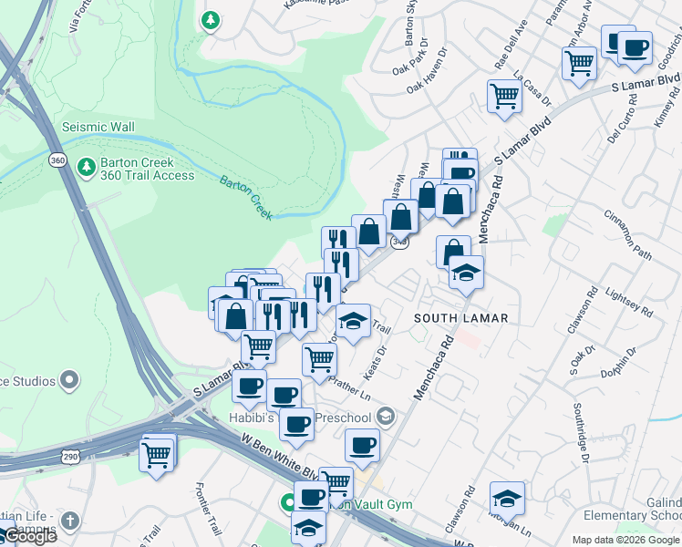 map of restaurants, bars, coffee shops, grocery stores, and more near 3508 South Lamar Boulevard in Austin