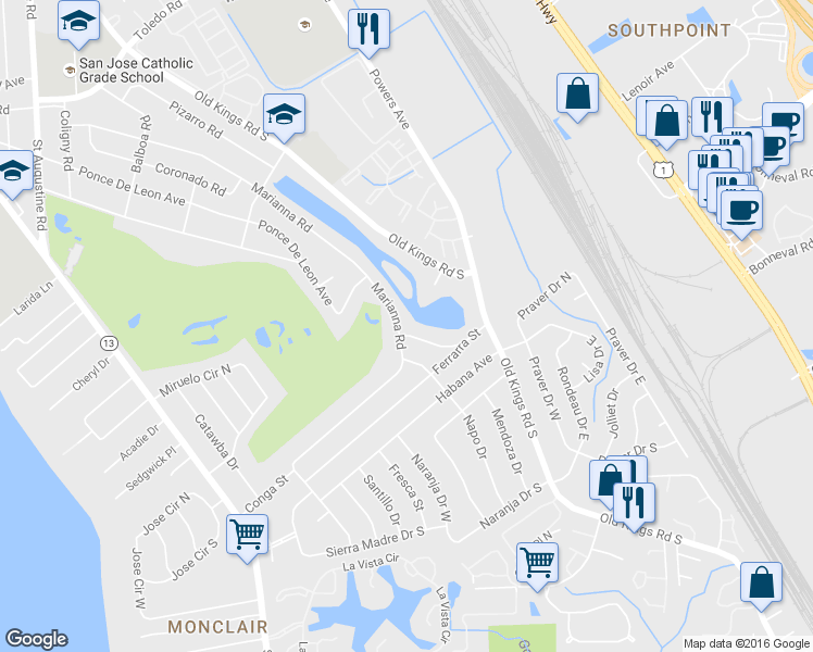 map of restaurants, bars, coffee shops, grocery stores, and more near 4177 Marianna Road in Jacksonville