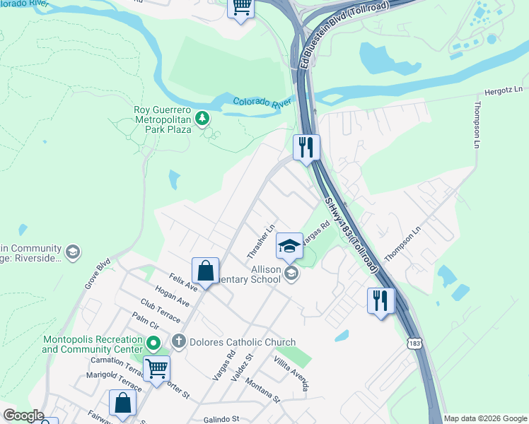 map of restaurants, bars, coffee shops, grocery stores, and more near 501 Montopolis Drive in Austin