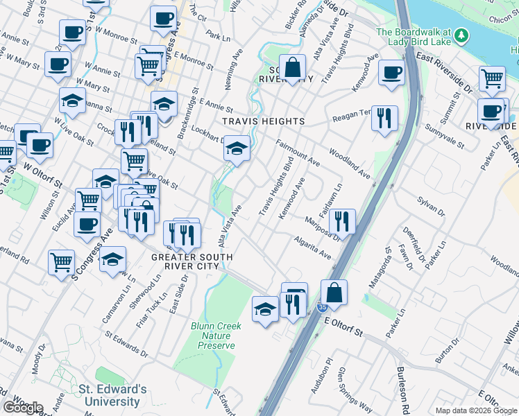 map of restaurants, bars, coffee shops, grocery stores, and more near 2012 Travis Heights Boulevard in Austin