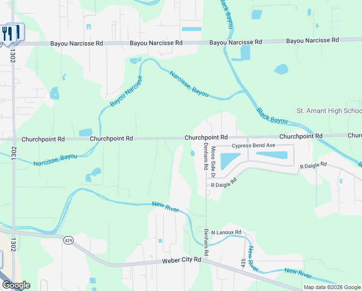 map of restaurants, bars, coffee shops, grocery stores, and more near 42485 Churchpoint Road in Gonzales