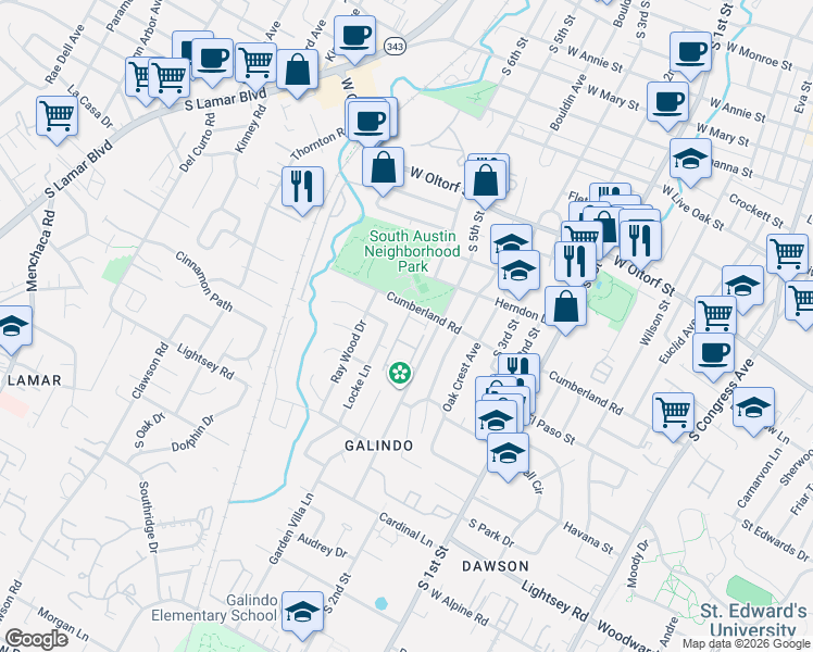 map of restaurants, bars, coffee shops, grocery stores, and more near 1001 Cumberland Road in Austin