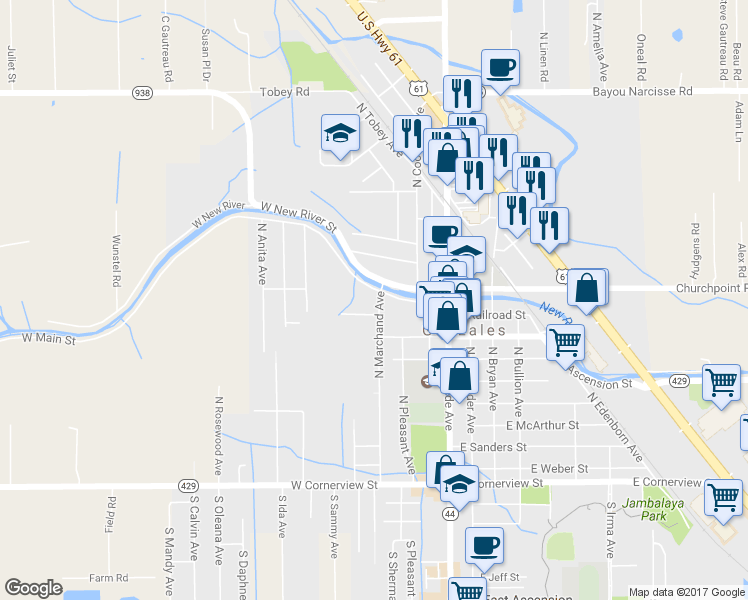 map of restaurants, bars, coffee shops, grocery stores, and more near 403 West Main Street in Gonzales