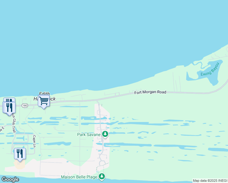 map of restaurants, bars, coffee shops, grocery stores, and more near 9407 Alabama 180 in Gulf Shores