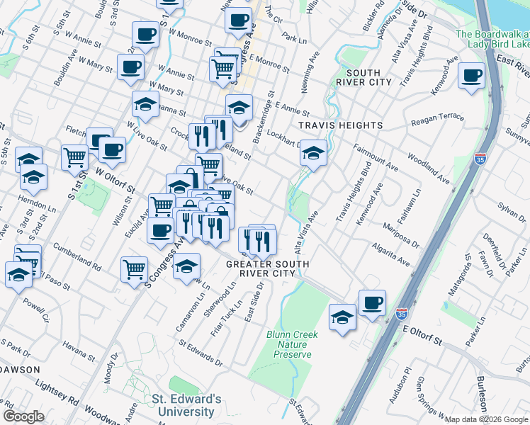 map of restaurants, bars, coffee shops, grocery stores, and more near 504 Lone Oak Drive in Austin