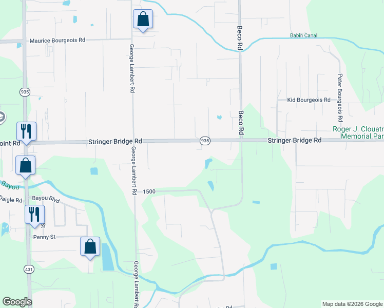 map of restaurants, bars, coffee shops, grocery stores, and more near 44423 Stringer Bridge Road in Saint Amant