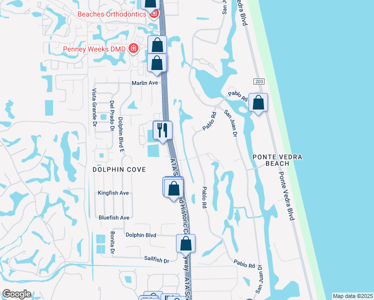 map of restaurants, bars, coffee shops, grocery stores, and more near  in Ponte Vedra Beach