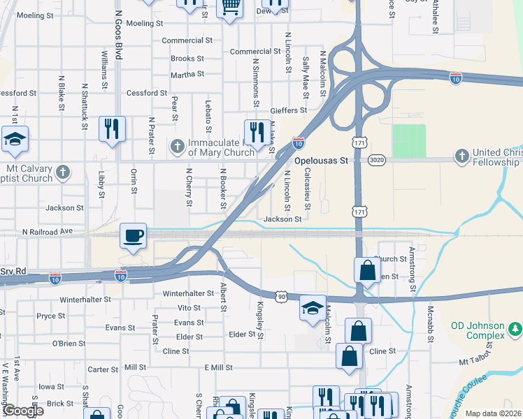 map of restaurants, bars, coffee shops, grocery stores, and more near 201 North Jake Street in Lake Charles