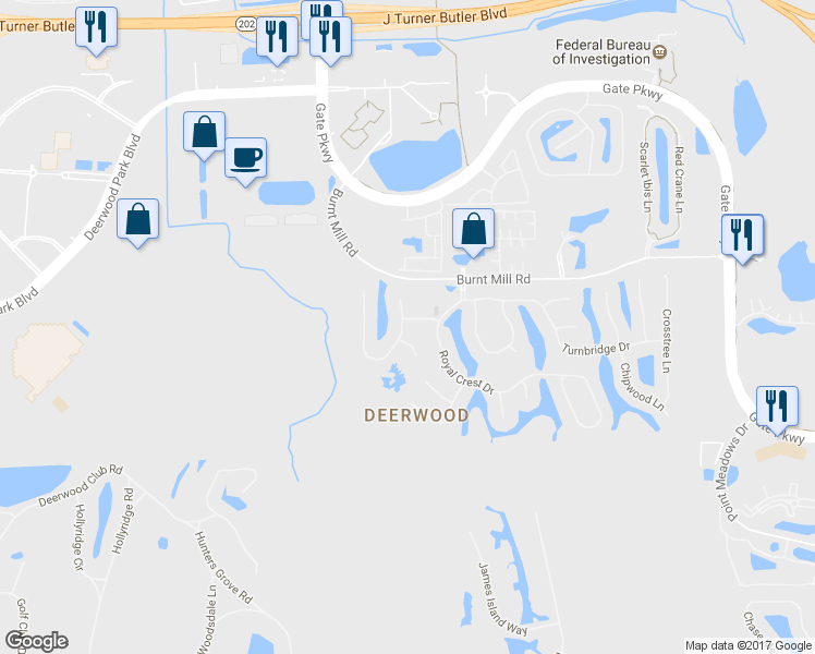 map of restaurants, bars, coffee shops, grocery stores, and more near 7635 Wexford Club Drive East in Jacksonville