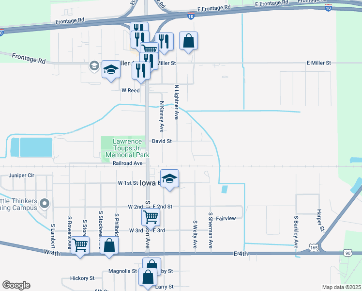 map of restaurants, bars, coffee shops, grocery stores, and more near 308 David St in Iowa