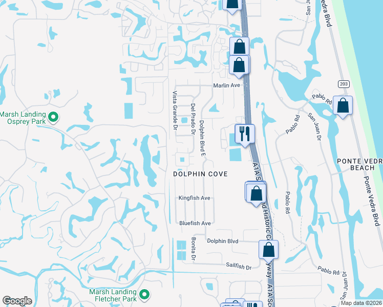 map of restaurants, bars, coffee shops, grocery stores, and more near 85 Dolphin Boulevard East in Ponte Vedra Beach