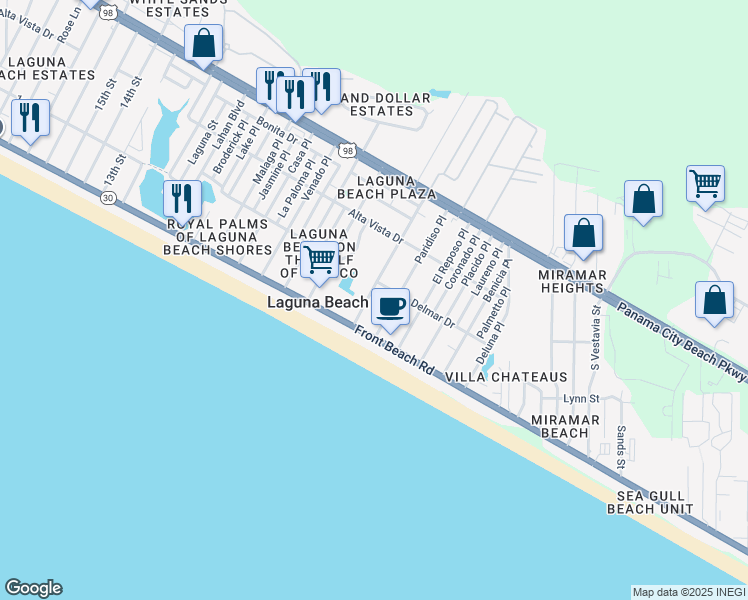 map of restaurants, bars, coffee shops, grocery stores, and more near 124 East Lakeshore Drive in Panama City Beach