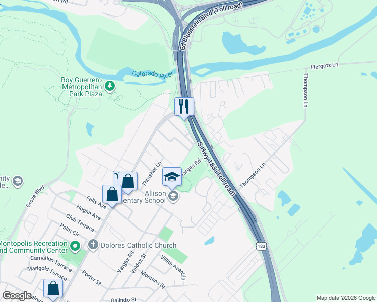 map of restaurants, bars, coffee shops, grocery stores, and more near 6405 Torres Street in Austin