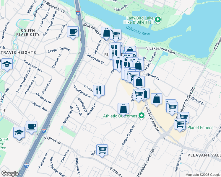 map of restaurants, bars, coffee shops, grocery stores, and more near 1600 Royal Crest Drive in Austin