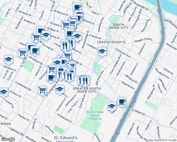 map of restaurants, bars, coffee shops, grocery stores, and more near 513 East Live Oak Street in Austin
