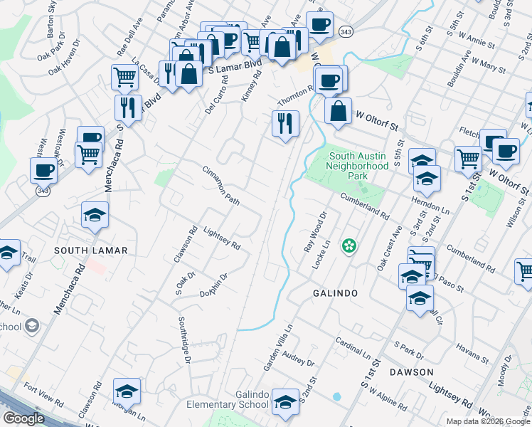 map of restaurants, bars, coffee shops, grocery stores, and more near 1404A Cinnamon Path in Austin